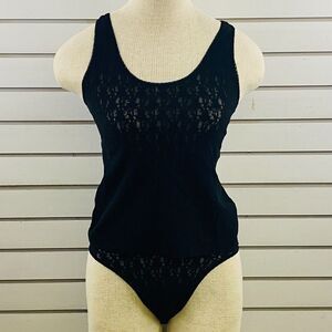 Vintage‎ Womens M Lady Cameo Black Stretch Lace Lingerie Set Sheer Tank Bottoms